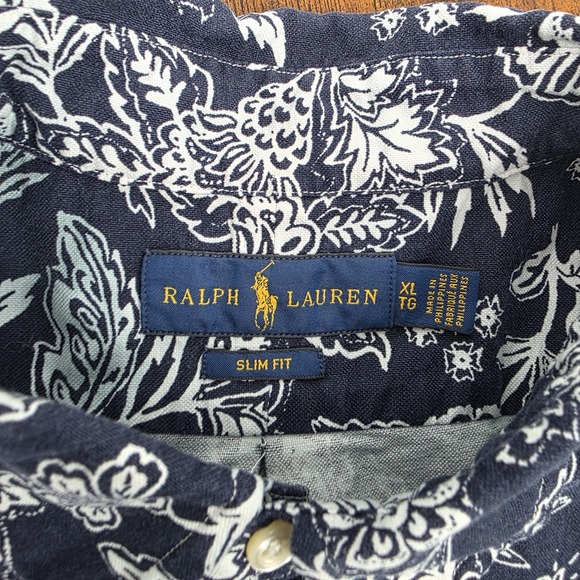 Polo‎ Ralph Lauren Men's Short Sleeve Button Down Blue White Floral Slim Fit XL - Picture 4 of 7
